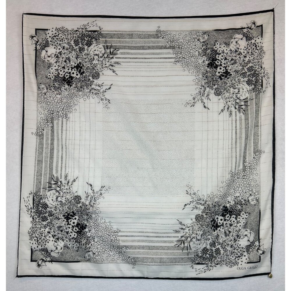 Vintage Olga Greco Paris Floral Scarf Lightweight Metallic Black White Italy
